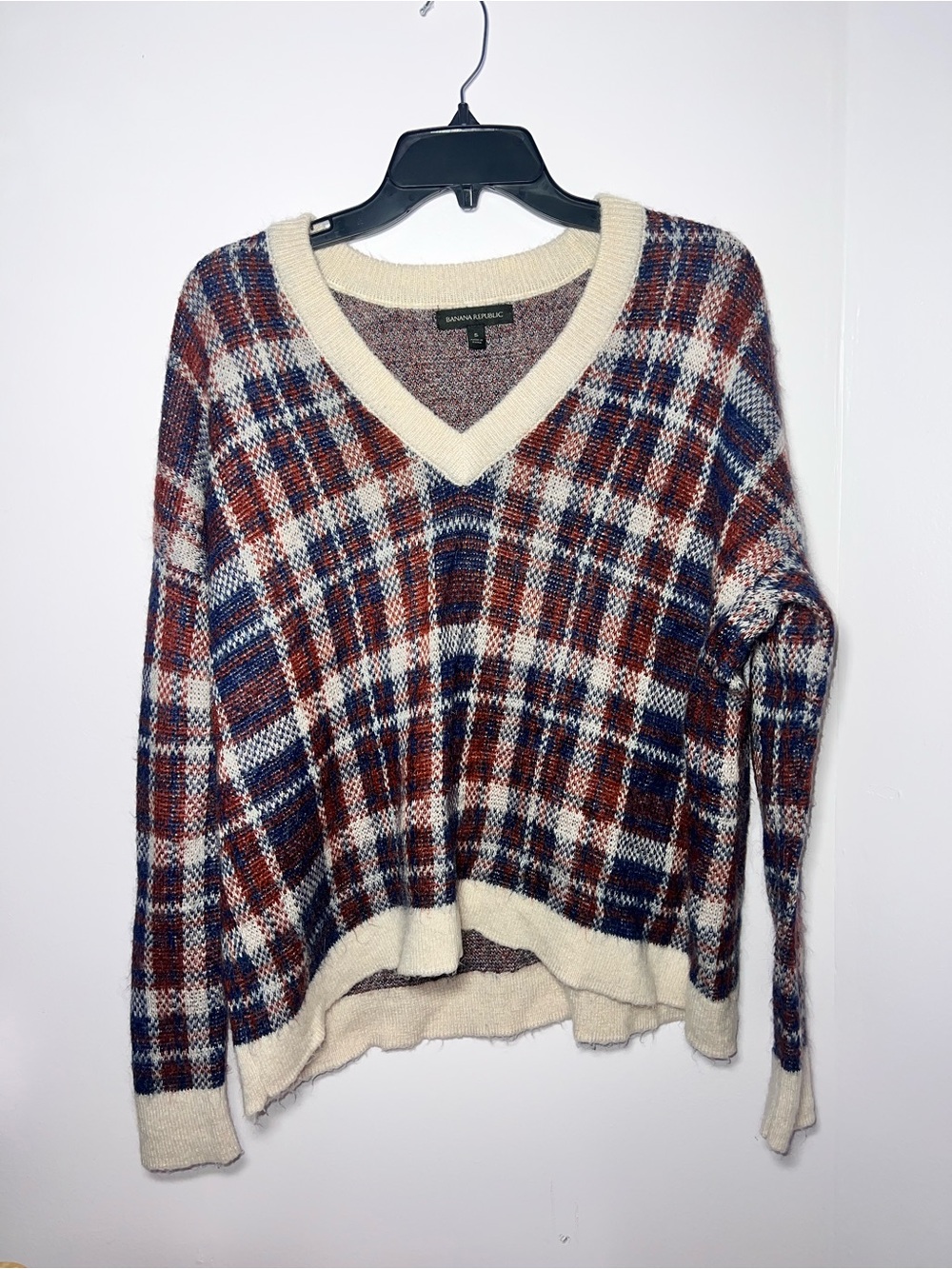 Banana Republic Cream V-Neck Plaid Sweater with Blue & Brown Accents